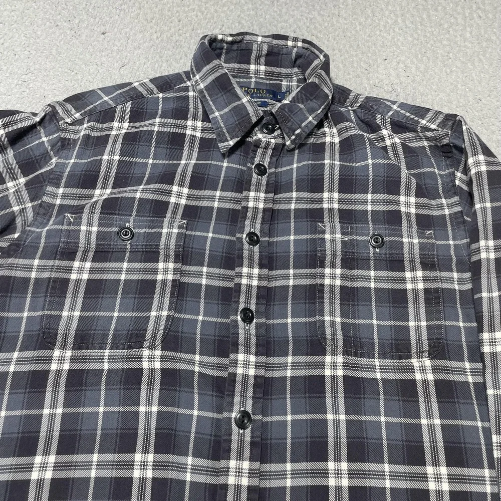 Polo Ralph Lauren Shirt Mens Large Navy Blue Plaid Flannel Button Up Casual‎